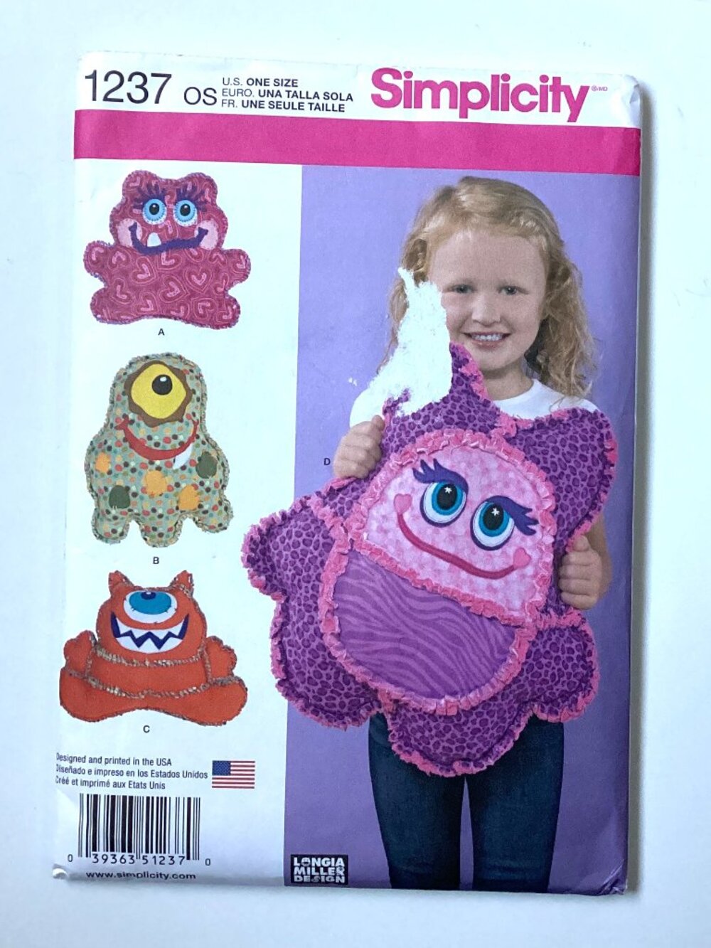 Simplicity # 1237 Rag Quilted Monster Pillows Sewing Pattern Uncut Longia Miller